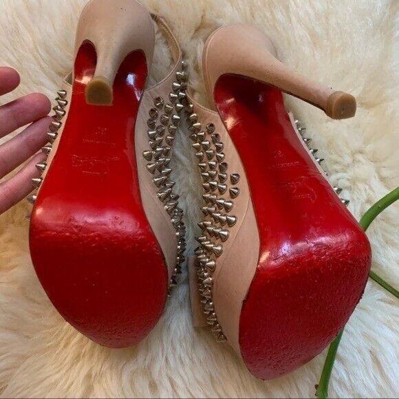 Louboutin Nude Leather Clou Spikes Studded Designer Platform Slingbacks Pumps 37 - Picture 10 of 13